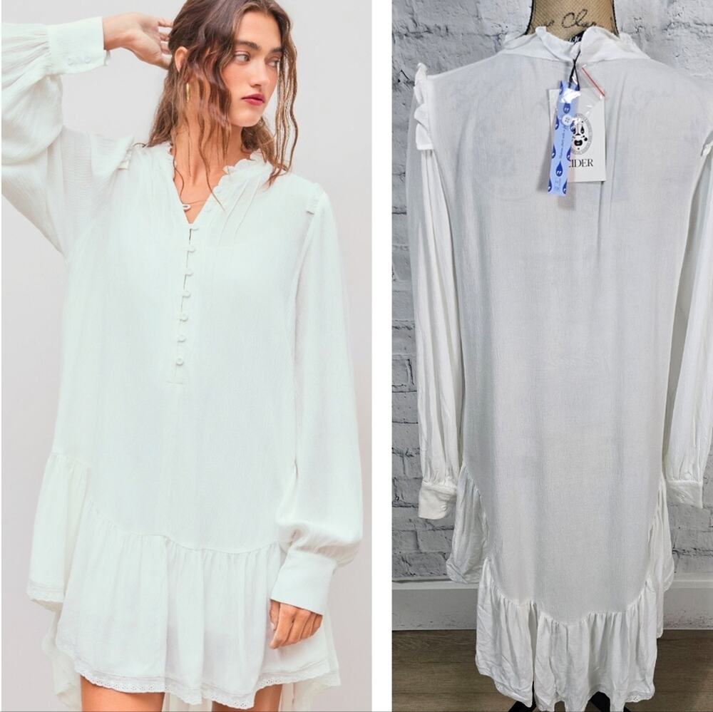 Cider lettuce trim broderie anglaise dress Sz  S asymmetrical hem bohemian boho